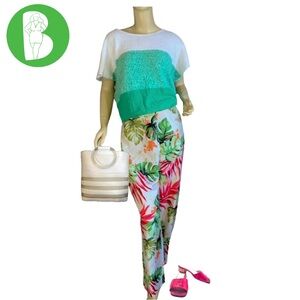 VINTAGE 1980'S GREEN & WHITE COLOR BLOCK SWEATER (L)